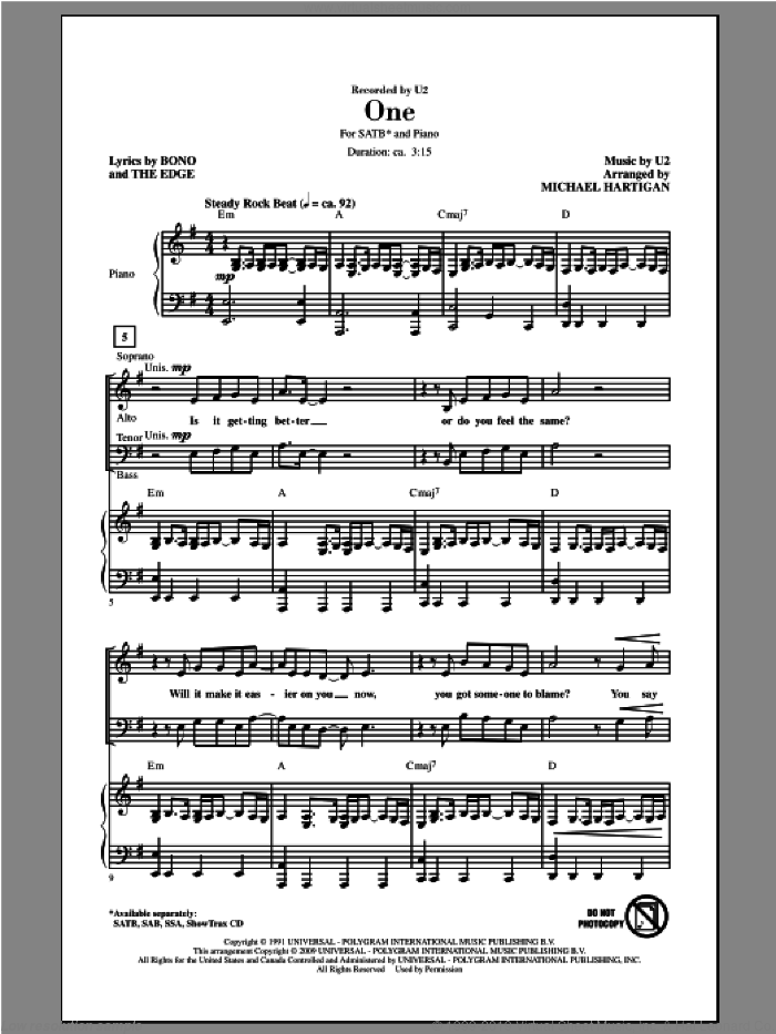 One sheet music for choir (SATB: soprano, alto, tenor, bass) by U2 and Michael Hartigan, intermediate skill level