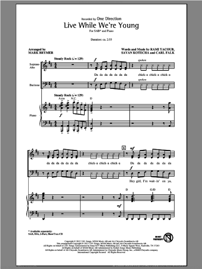 Live While We're Young sheet music for choir (SAB: soprano, alto, bass) by Mark Brymer and One Direction, intermediate skill level