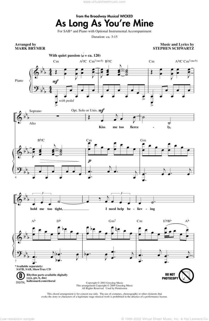 As Long As You're Mine (from Wicked) sheet music for choir (SAB: soprano, alto, bass) by Mark Brymer, intermediate skill level