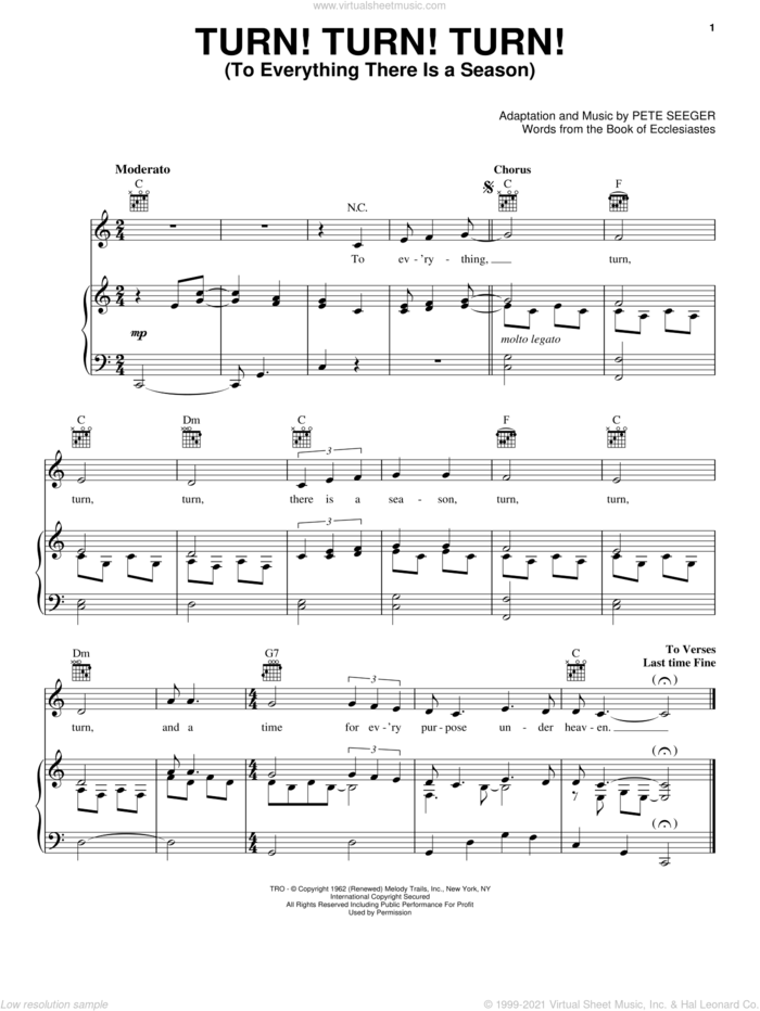 Turn! Turn! Turn! (To Everything There Is A Season) sheet music for voice, piano or guitar by The Byrds and Pete Seeger, intermediate skill level