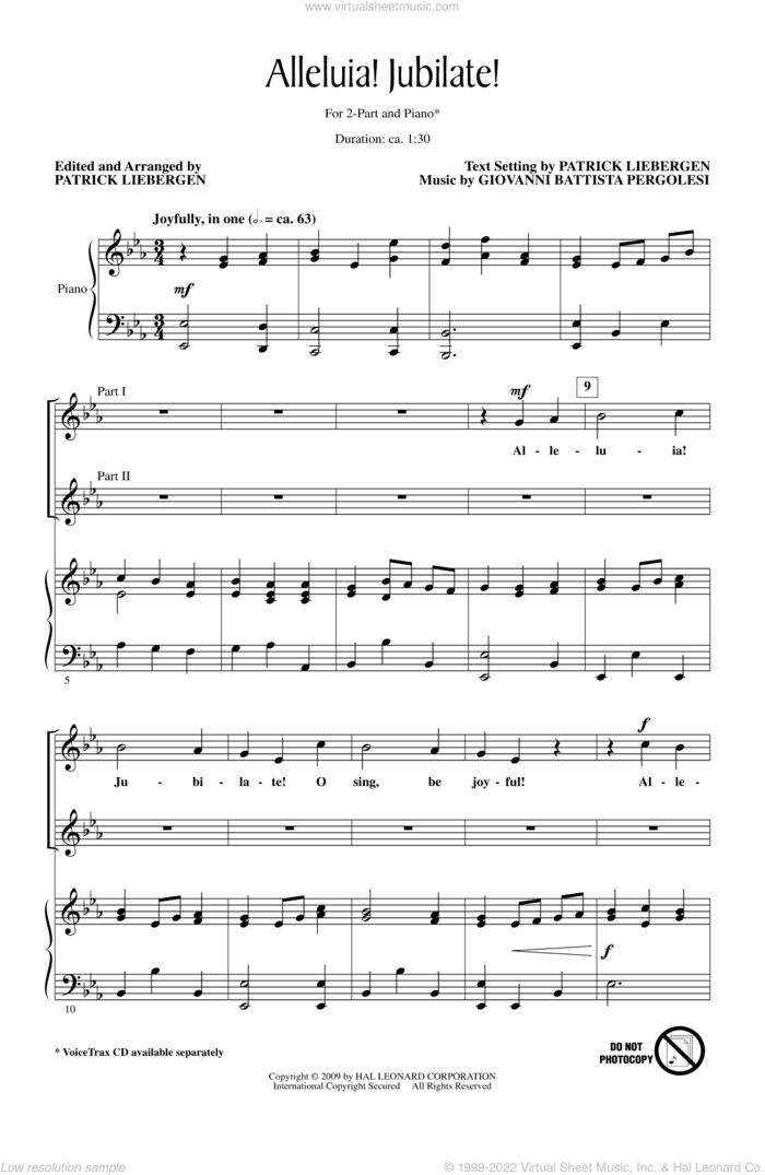 Alleluia! Jubilate! sheet music for choir (2-Part) by Patrick Liebergen and Giovanni Battista Pergolesi, classical score, intermediate duet