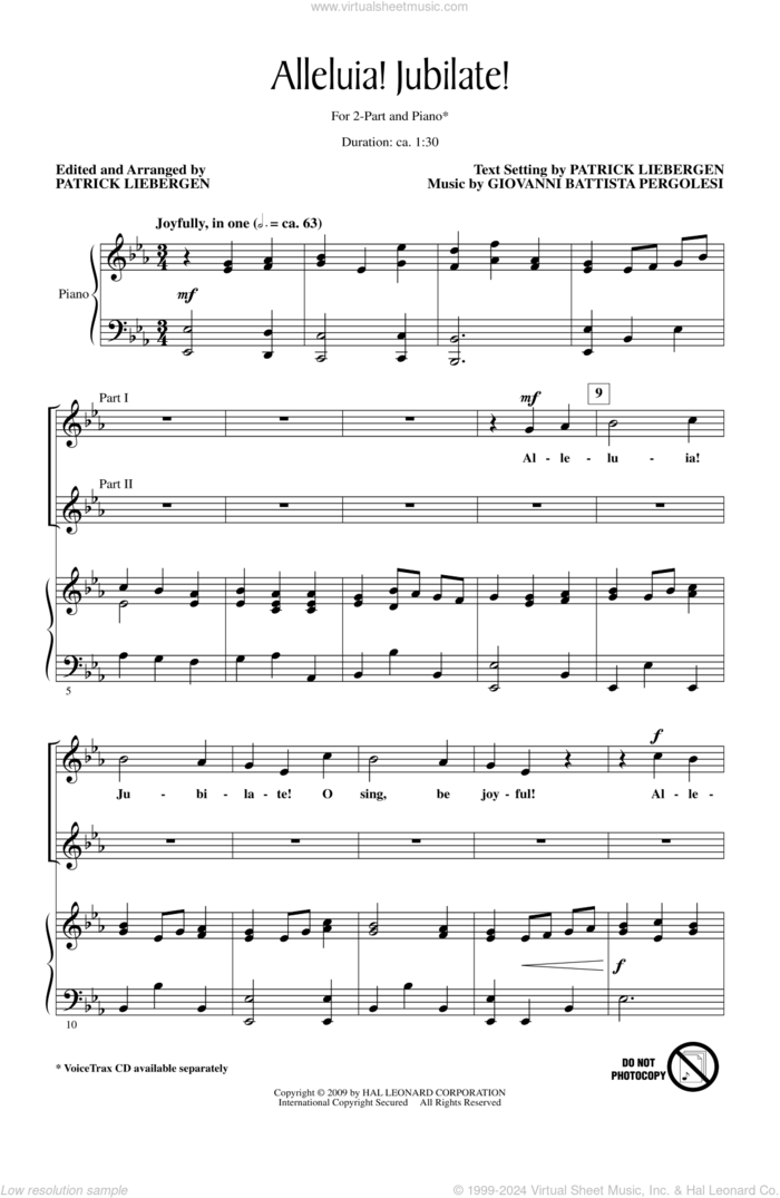 Alleluia! Jubilate! sheet music for choir (2-Part) by Patrick Liebergen and Giovanni Battista Pergolesi, classical score, intermediate duet