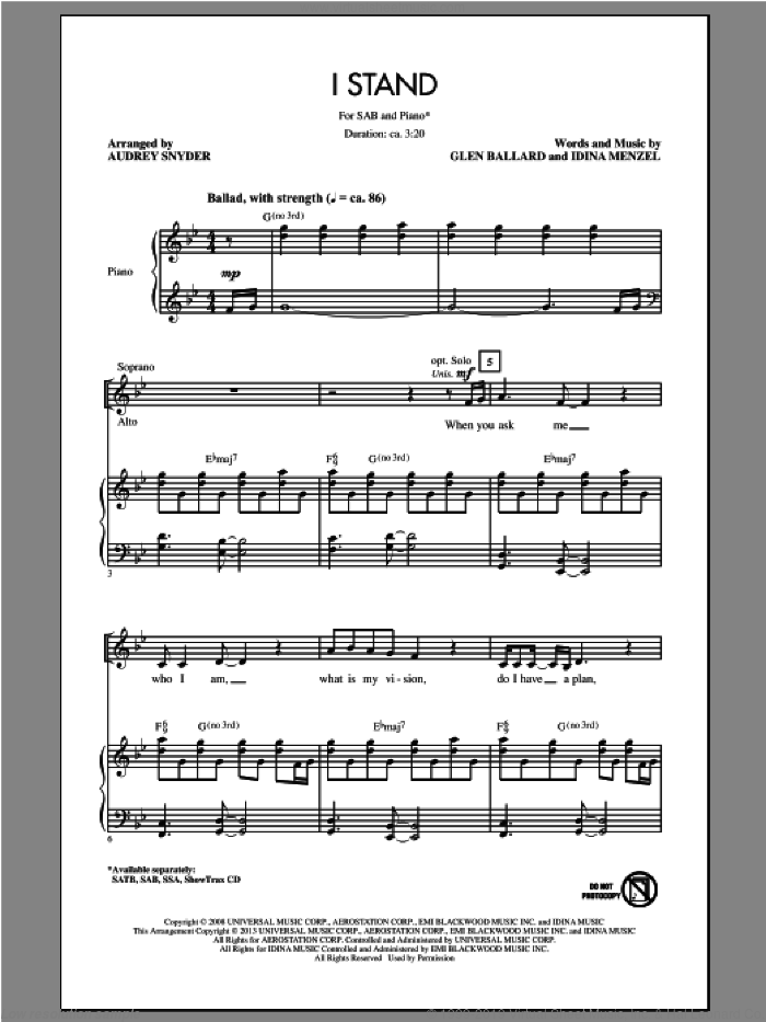 I Stand sheet music for choir (SAB: soprano, alto, bass) by Audrey Snyder, intermediate skill level