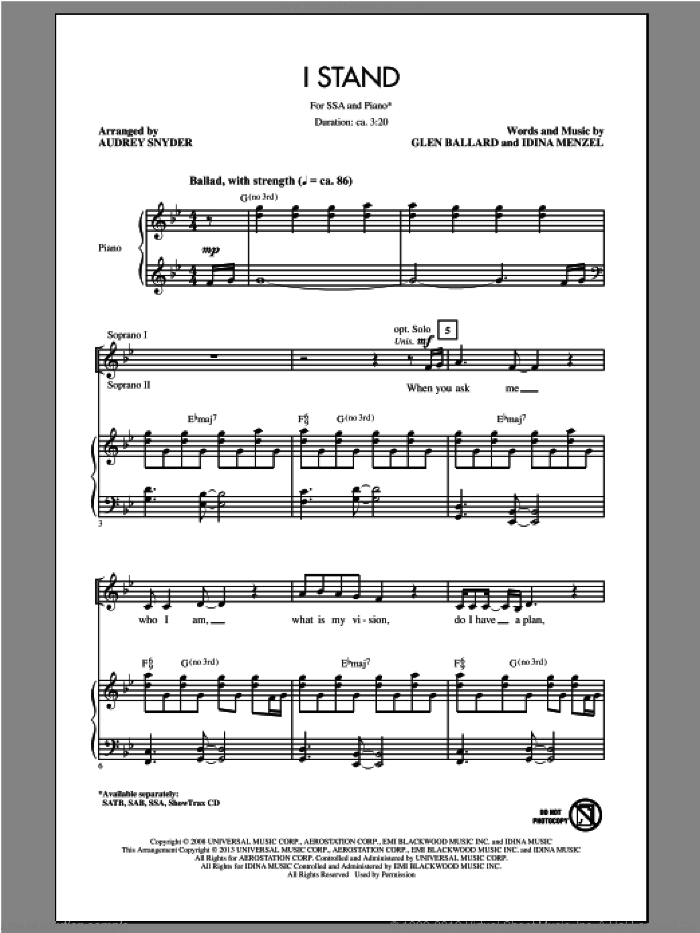 I Stand sheet music for choir (SSA: soprano, alto) by Audrey Snyder, intermediate skill level