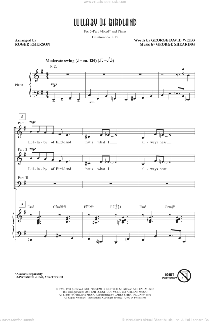 Lullaby Of Birdland sheet music for choir (3-Part Mixed) by Roger Emerson, intermediate skill level