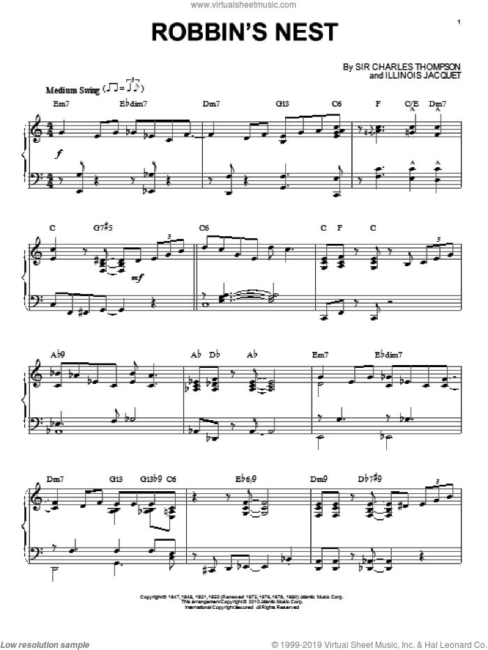 Robbin's Nest (arr. Brent Edstrom) sheet music for piano solo by Illinois Jacquet and Sir Charles Thompson, intermediate skill level