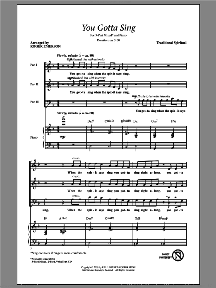 You Gotta Sing sheet music for choir (3-Part Mixed) by Roger Emerson, intermediate skill level