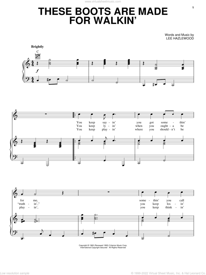 These Boots Are Made For Walkin' sheet music for voice, piano or guitar by Nancy Sinatra and Lee Hazlewood, intermediate skill level