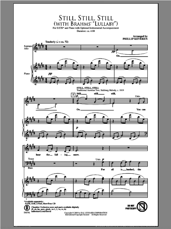 Still, Still, Still (with Brahm's Lullaby) sheet music for choir (SATB: soprano, alto, tenor, bass) by Phillip Keveren, intermediate skill level