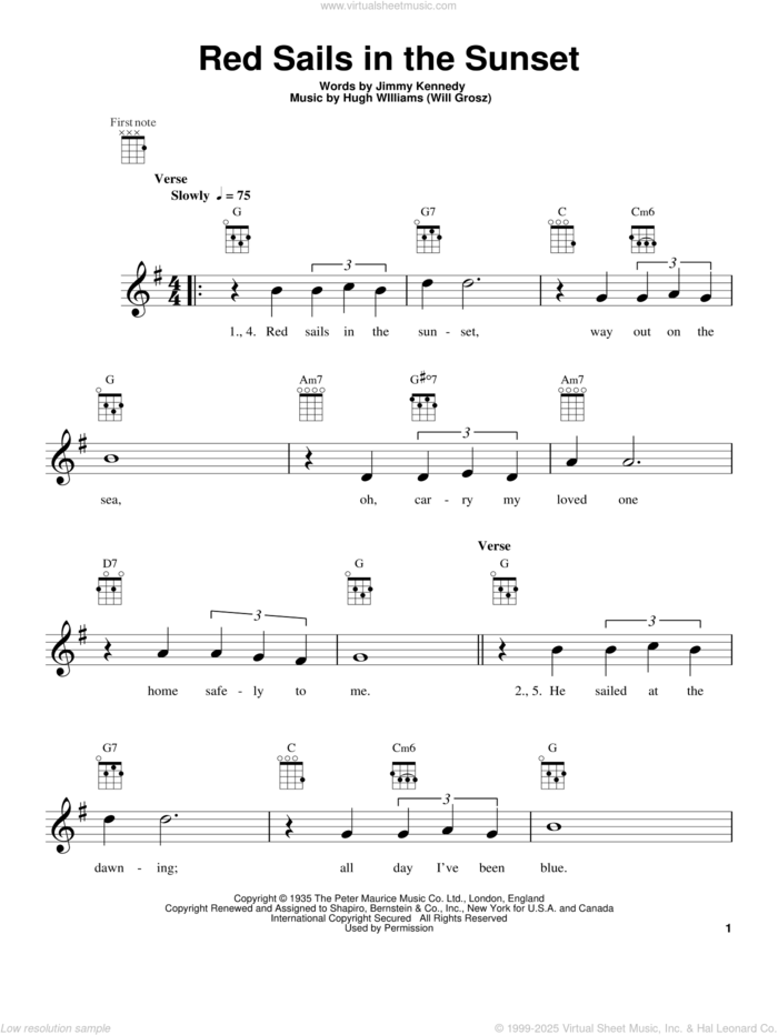 Red Sails In The Sunset sheet music for ukulele by Hugh Williams and Jimmy Kennedy, intermediate skill level