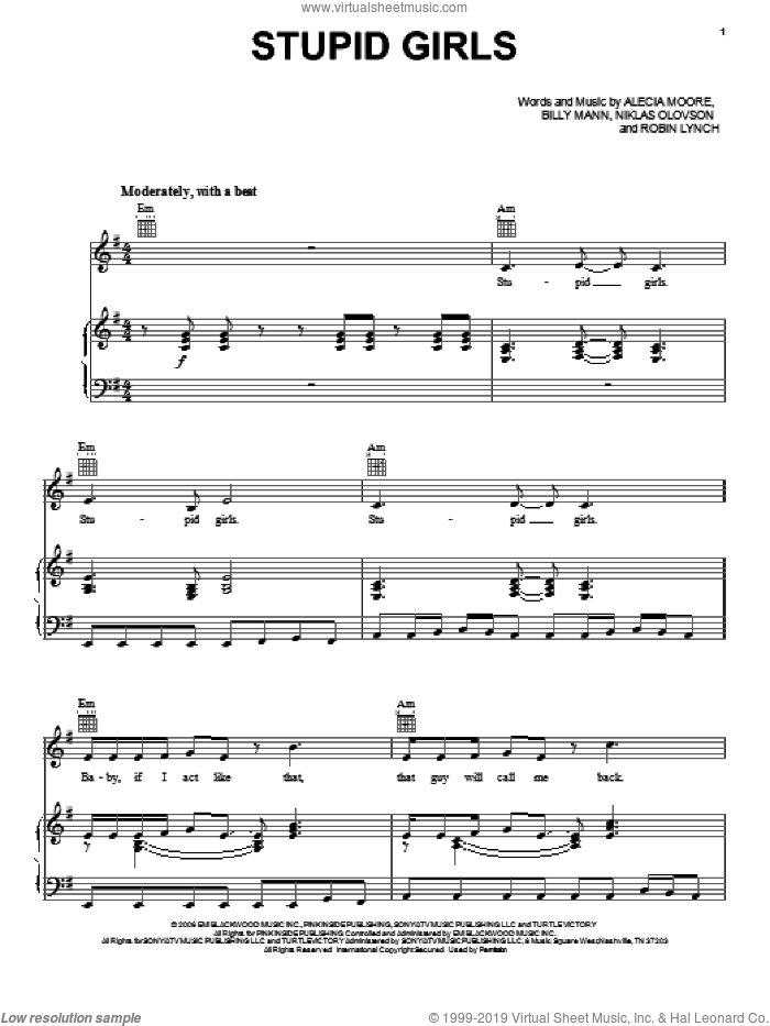 Stupid Girls sheet music for voice, piano or guitar by Billy Mann, Miscellaneous, Alecia Moore, Niklas Olovson and Robin Lynch, intermediate skill level