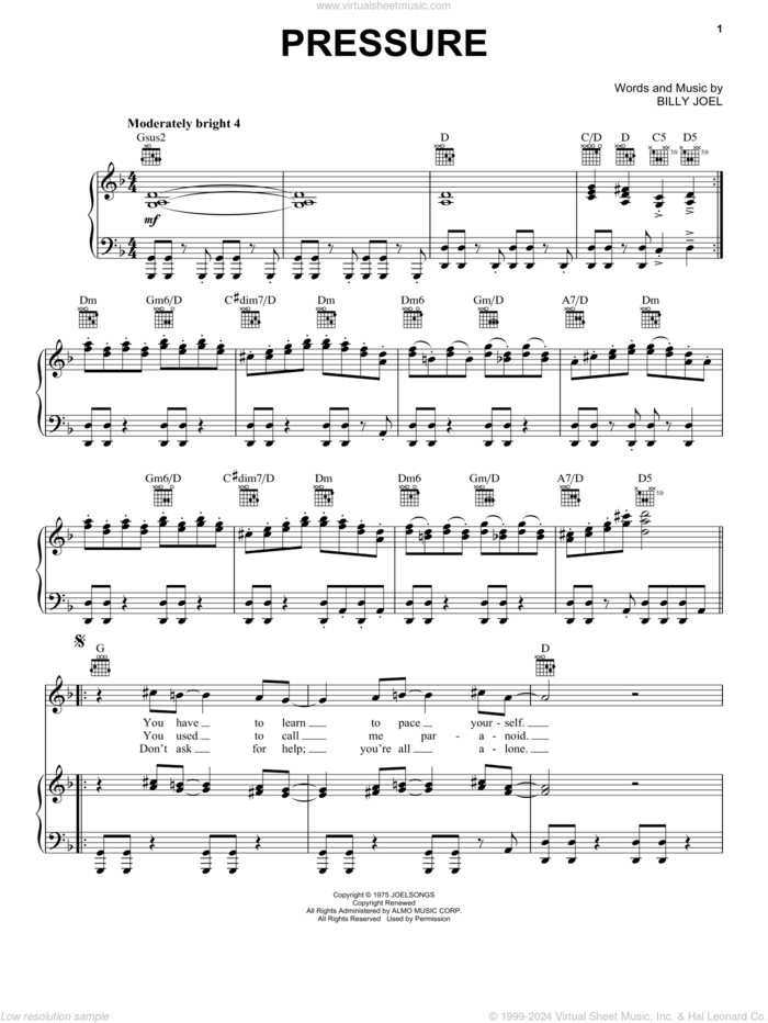 Pressure sheet music for voice, piano or guitar by Billy Joel, intermediate skill level