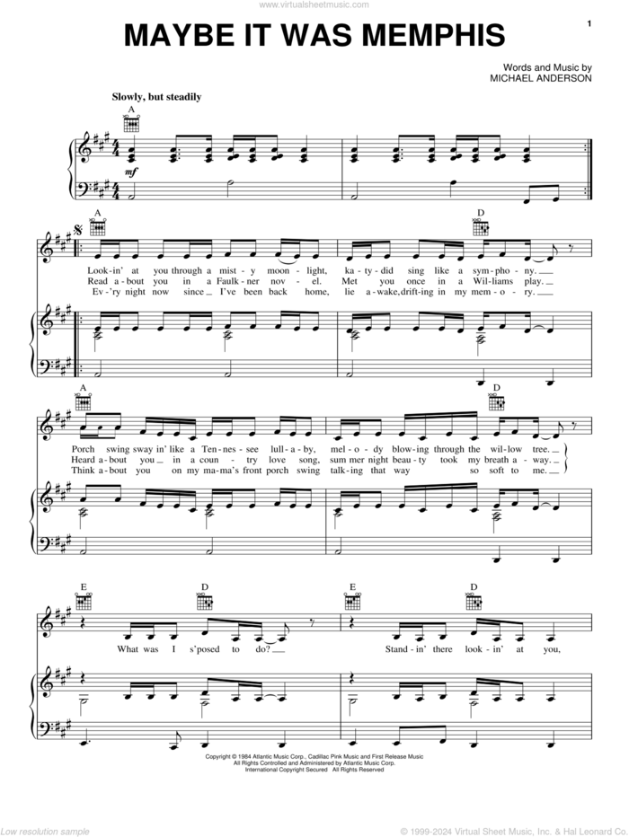 Maybe It Was Memphis sheet music for voice, piano or guitar by Pam Tillis and Michael Anderson, intermediate skill level
