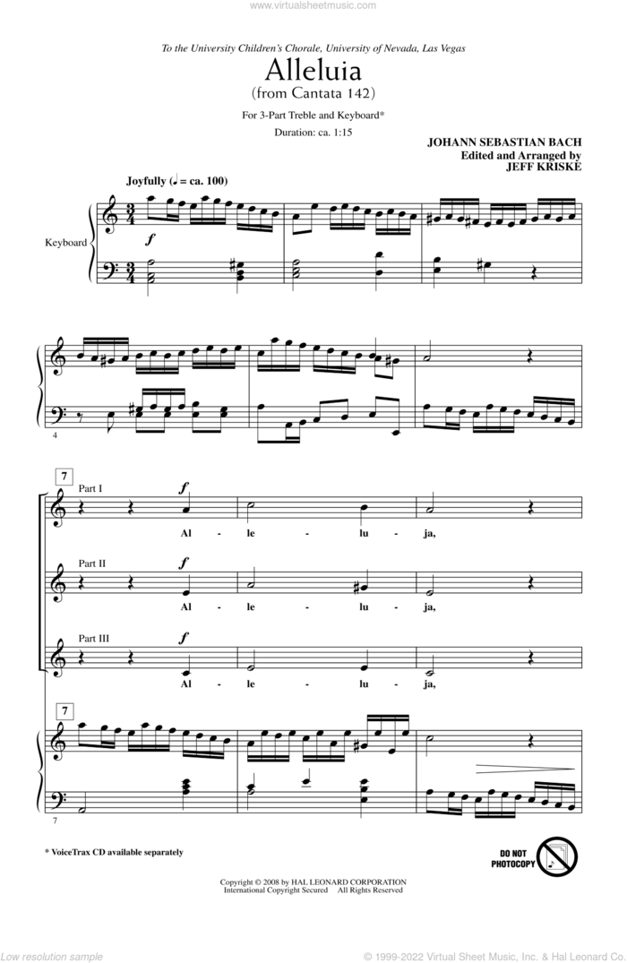 Alleluia From Cantata 142 sheet music for choir (3-Part Treble) by Johann Sebastian Bach and Jeff Kriske, classical score, intermediate skill level