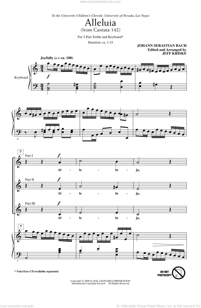 Alleluia From Cantata 142 sheet music for choir (3-Part Treble) by Johann Sebastian Bach and Jeff Kriske, classical score, intermediate skill level