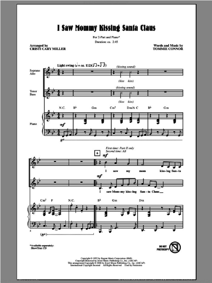 I Saw Mommy Kissing Santa Claus sheet music for choir (2-Part) by Cristi Cary Miller and Tommie Connor, intermediate duet