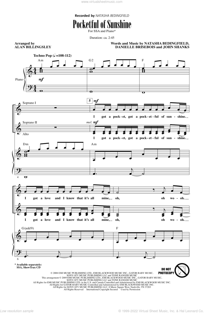 Pocketful Of Sunshine sheet music for choir (SSA: soprano, alto) by Natasha Bedingfield, intermediate skill level