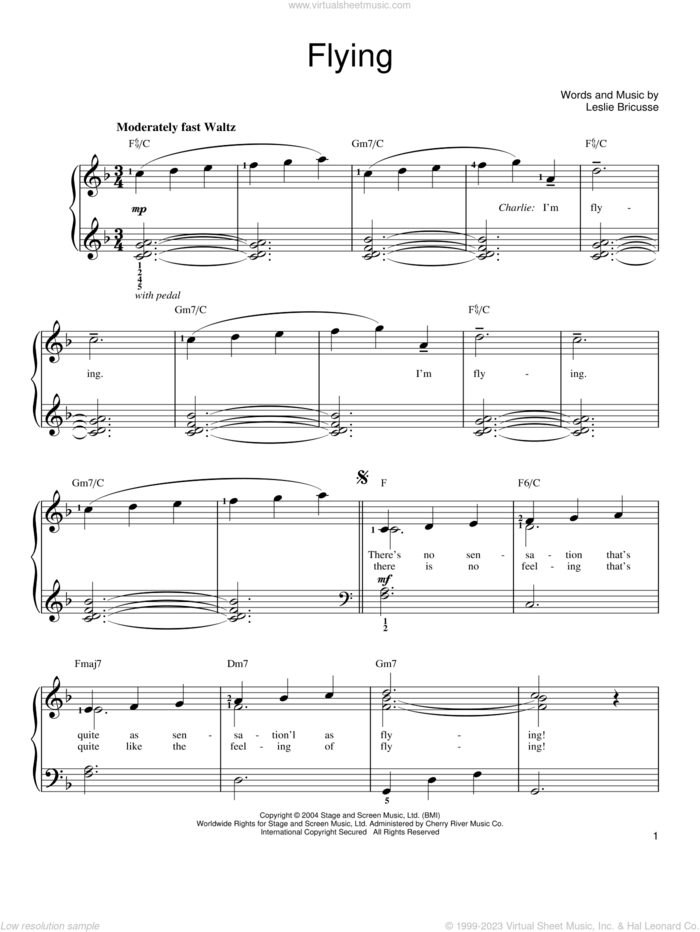 Flying sheet music for piano solo by Willy Wonka and Leslie Bricusse, easy skill level