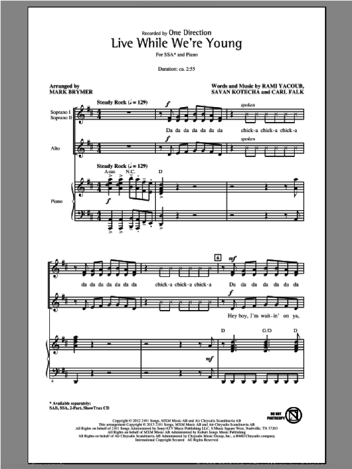 Live While We're Young sheet music for choir (SSA: soprano, alto) by Mark Brymer and One Direction, intermediate skill level