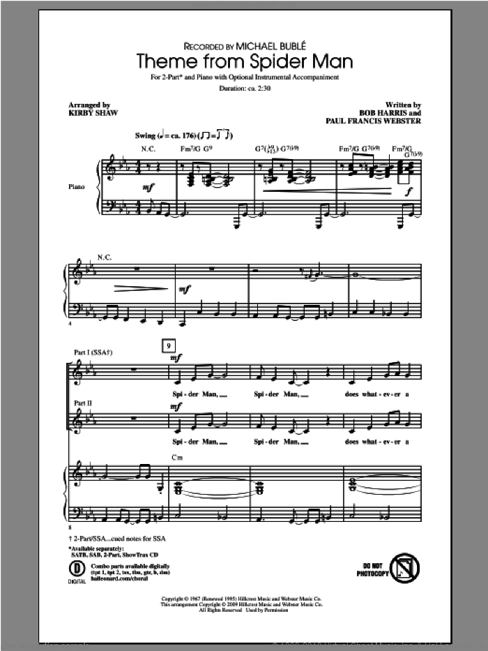 Theme From Spider-Man (arr. Kirby Shaw) sheet music for choir (2-Part) by Kirby Shaw and Michael Buble, intermediate duet