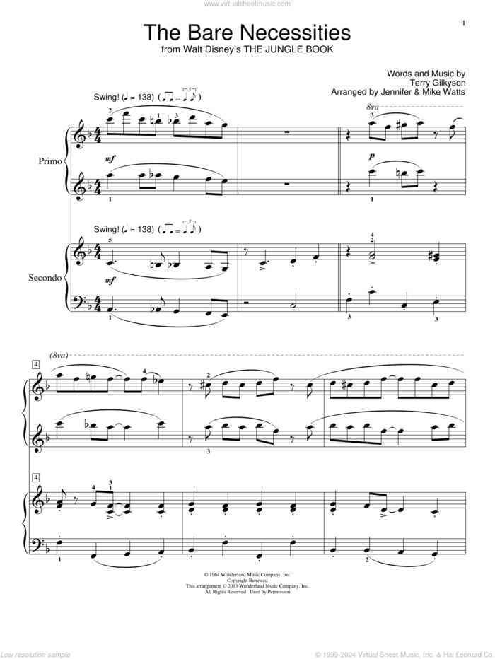 The Bare Necessities sheet music for piano four hands by Terry Gilkyson, Jennifer Watts and Mike Watts, intermediate skill level