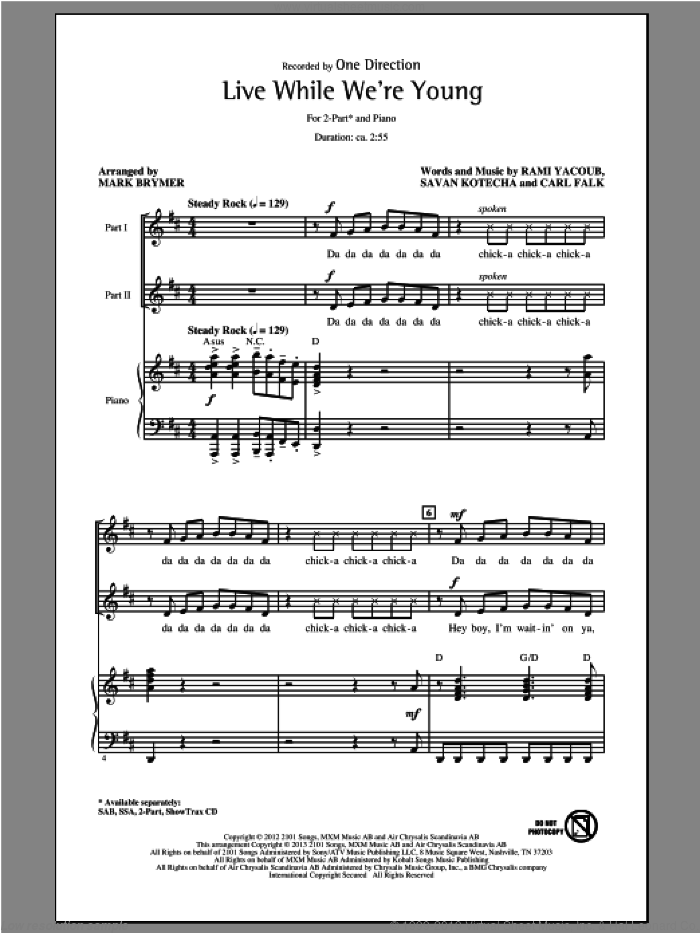 Live While We're Young sheet music for choir (2-Part) by Mark Brymer and One Direction, intermediate duet