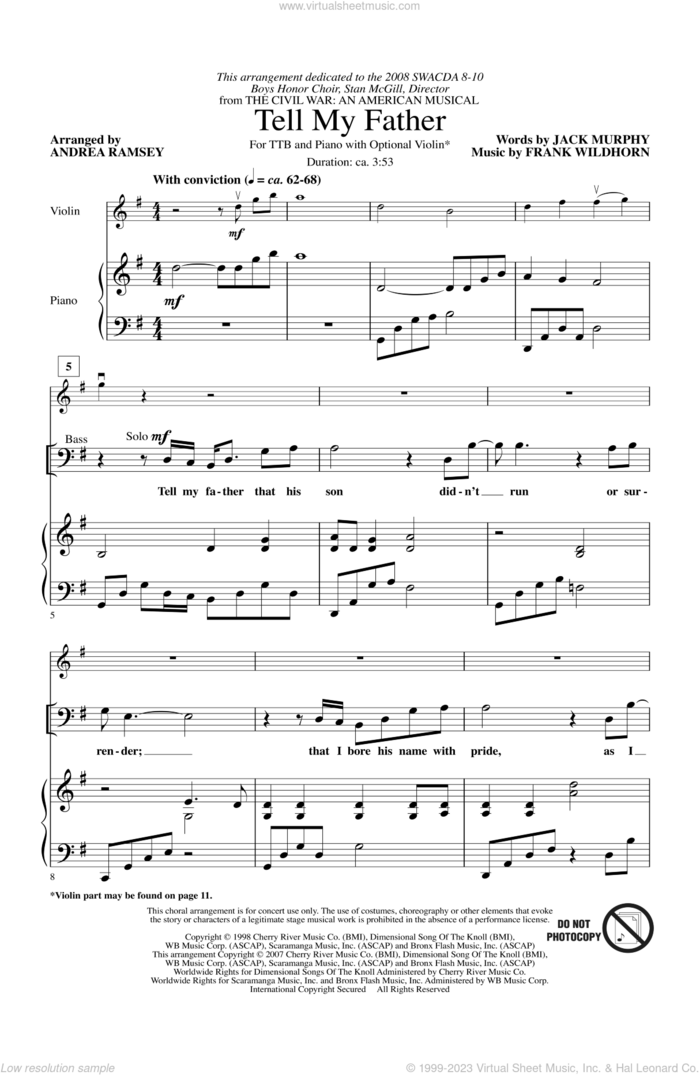 Tell My Father (from The Civil War: An American Musical) (arr. Andrea Ramsey) sheet music for choir (TTBB: tenor, bass) by Frank Wildhorn, Andrea Ramsey, Jack Murphy and Jack Murphy and Frank Wildhorn, intermediate skill level