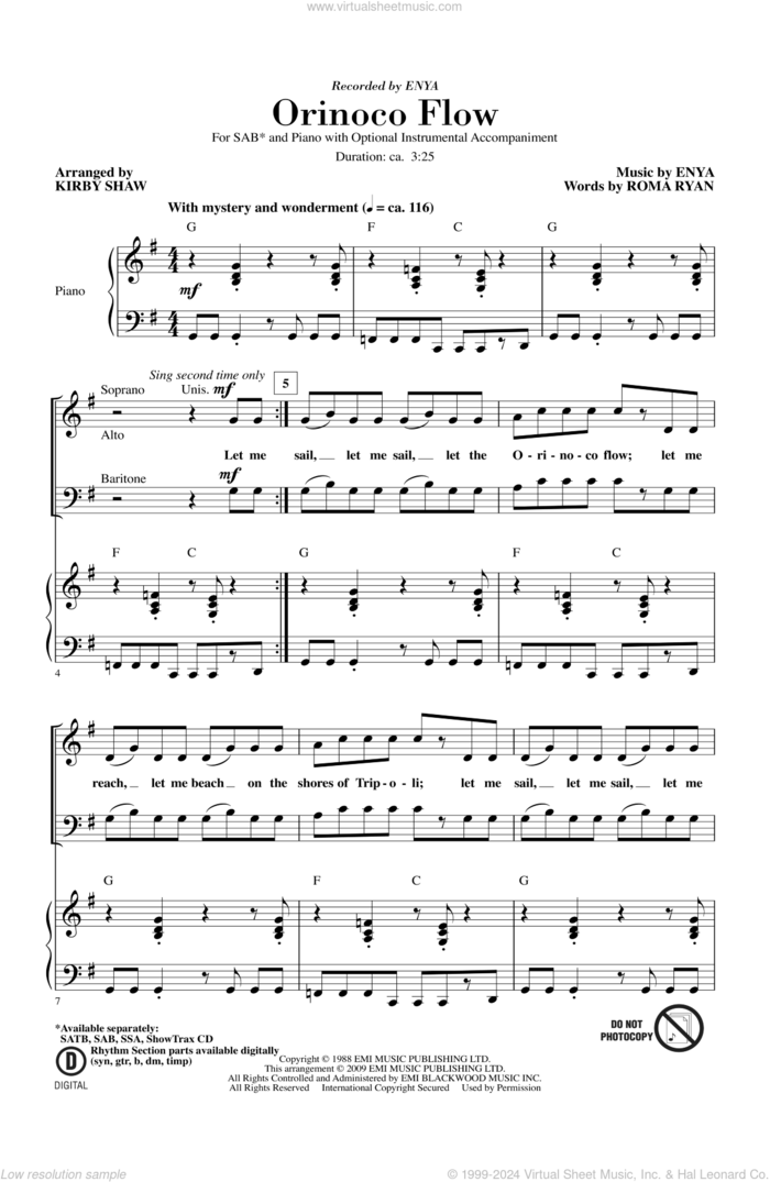 Orinoco Flow (arr. Kirby Shaw) sheet music for choir (SAB: soprano, alto, bass) by Kirby Shaw, Enya and Roma Ryan, intermediate skill level