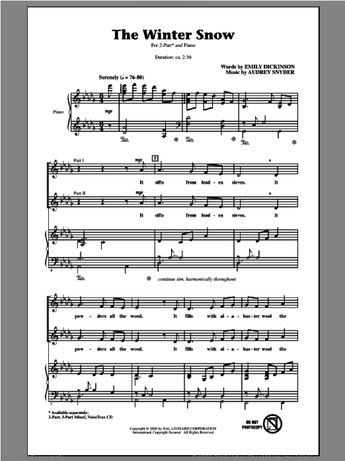 The Winter Snow sheet music for choir (2-Part) by Audrey Snyder, intermediate duet