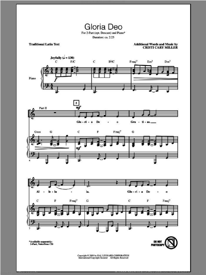 Gloria Deo sheet music for choir (2-Part) by Cristi Cary Miller, intermediate duet