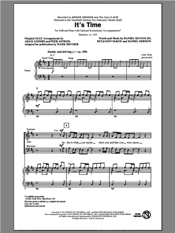 It's Time sheet music for choir (SAB: soprano, alto, bass) by Mark Brymer and Glee Cast, intermediate skill level