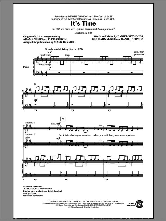 It's Time sheet music for choir (SSA: soprano, alto) by Mark Brymer and Glee Cast, intermediate skill level