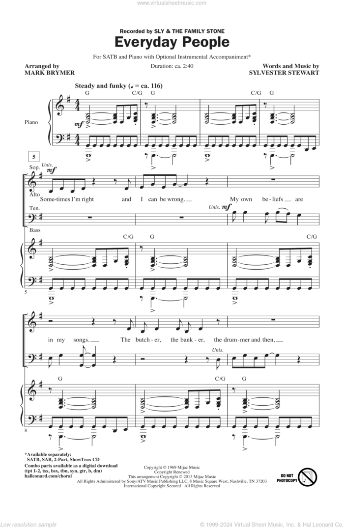 Everyday People (arr. Mark Brymer) sheet music for choir (SATB: soprano, alto, tenor, bass) by Mark Brymer, Sly & The Family Stone and Sly And The Family Stone, intermediate skill level