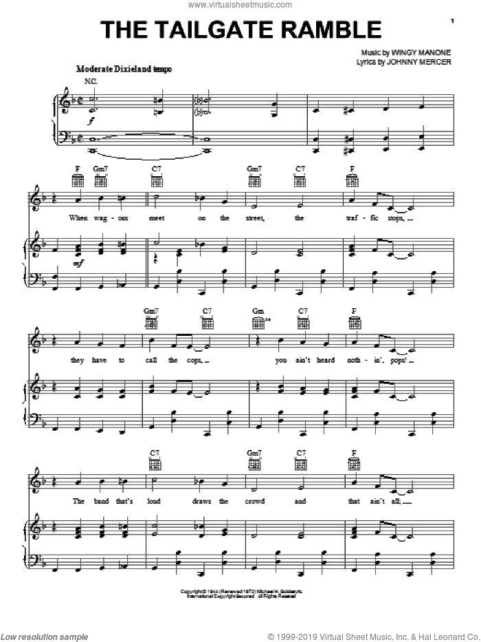 The Tailgate Ramble sheet music for voice, piano or guitar by Johnny Mercer and Wingy Manone, intermediate skill level