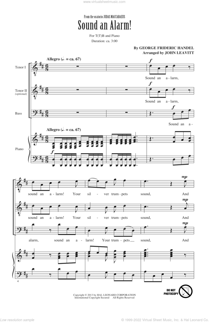 Sound An Alarm! sheet music for choir (TTB: tenor, bass) by George Frideric Handel and John Leavitt, intermediate skill level
