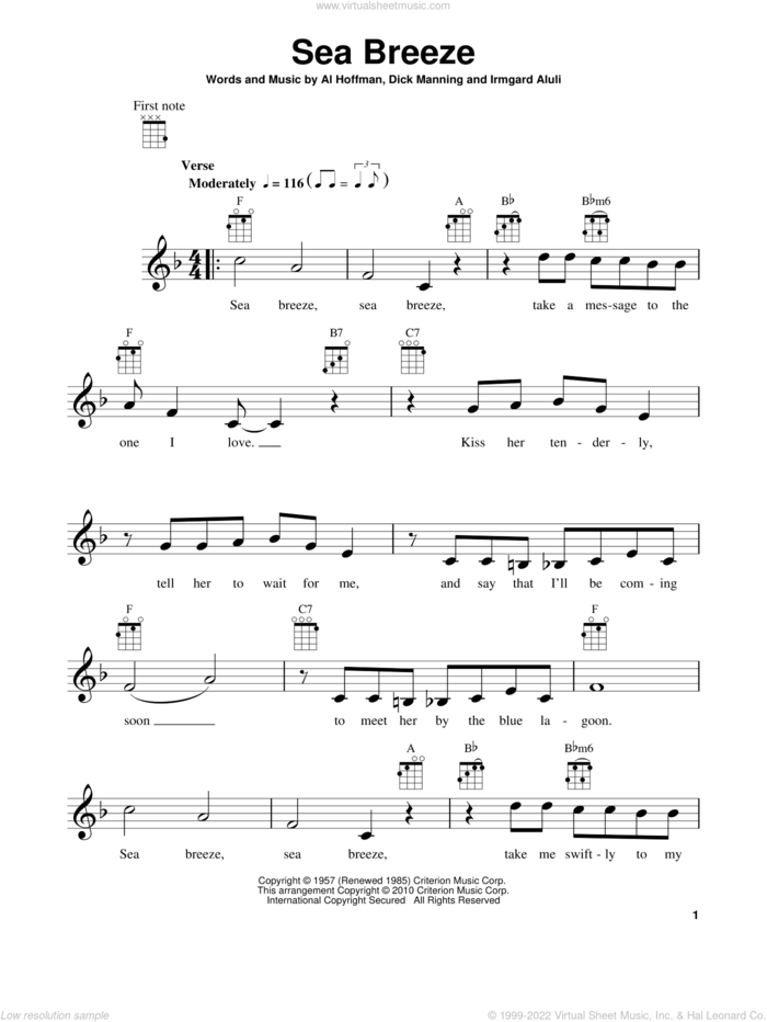 Sea Breeze sheet music for ukulele by Dick Manning, Al Hoffman and Irmgard Aluli, intermediate skill level