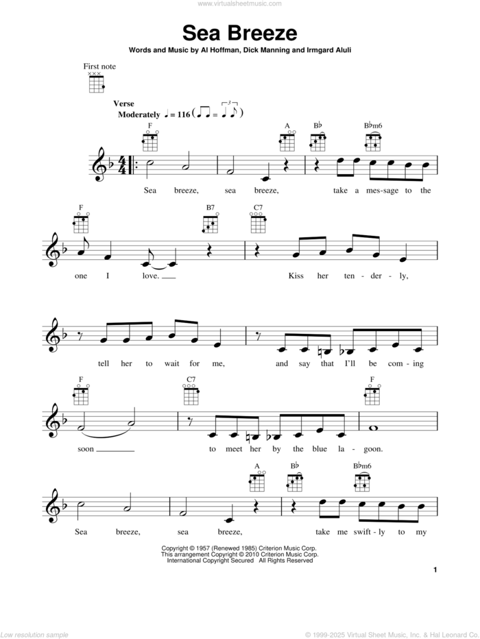 Sea Breeze sheet music for ukulele by Dick Manning, Al Hoffman and Irmgard Aluli, intermediate skill level