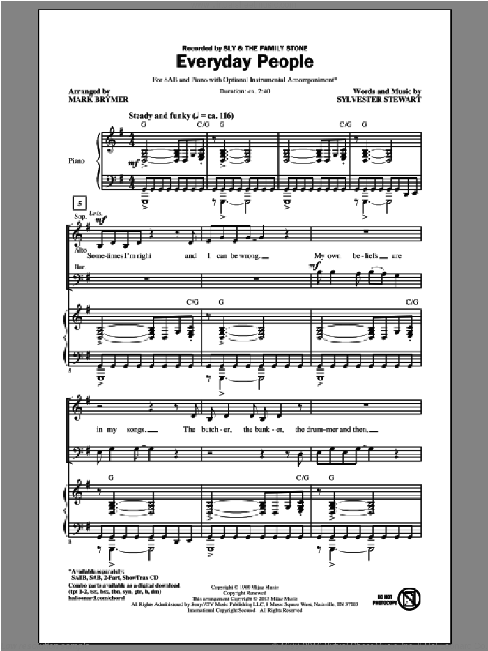 Everyday People sheet music for choir (SAB: soprano, alto, bass) by Mark Brymer, Sly & The Family Stone and Sly And The Family Stone, intermediate skill level