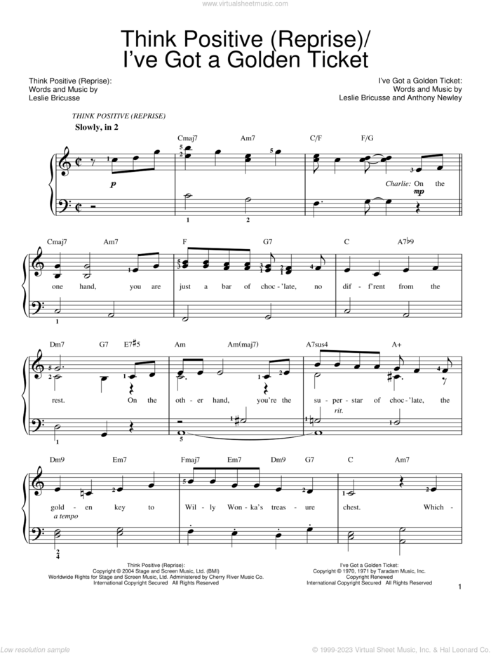Think Positive (Reprise) sheet music for piano solo by Willy Wonka and Leslie Bricusse, easy skill level