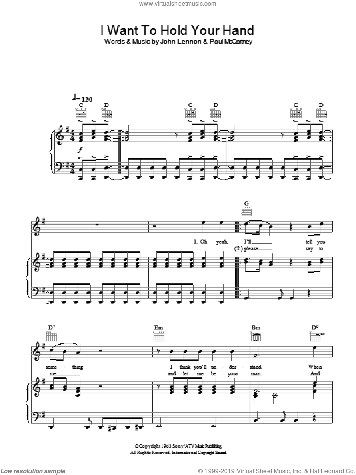 I Want To Hold Your Hand sheet music for voice, piano or guitar by The Beatles, John Lennon and Paul McCartney, intermediate skill level