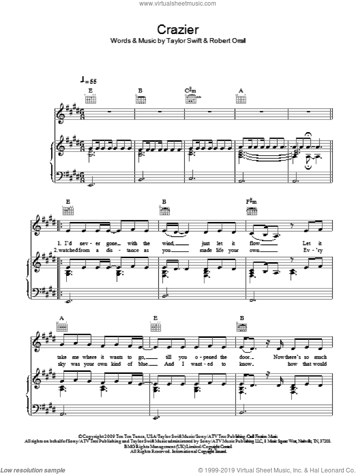 Crazier sheet music for voice, piano or guitar by Taylor Swift and Robert Orrall, intermediate skill level