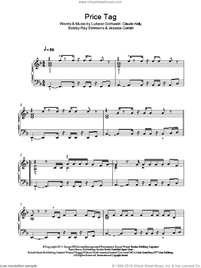 Price Tag sheet music for piano solo by Jessie J, Bobby Ray Simmons, Claude Kelly, Jessica Cornish and Lukasz Gottwald, intermediate skill level