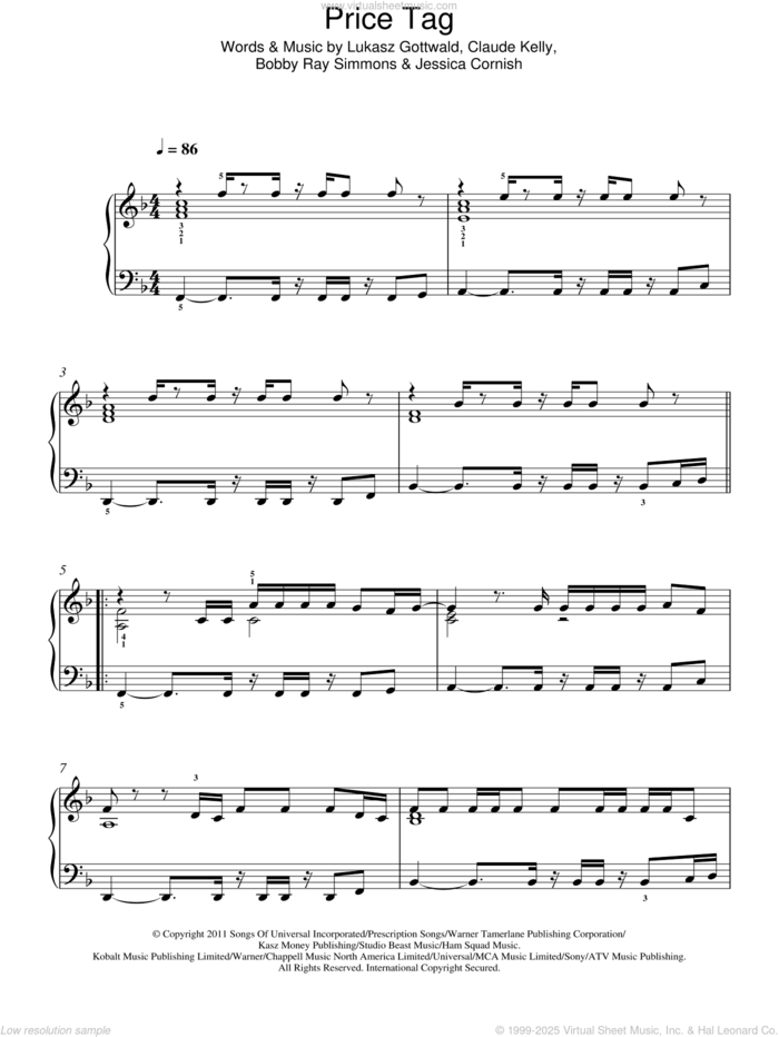 Price Tag sheet music for piano solo by Jessie J, Bobby Ray Simmons, Claude Kelly, Jessica Cornish and Lukasz Gottwald, intermediate skill level