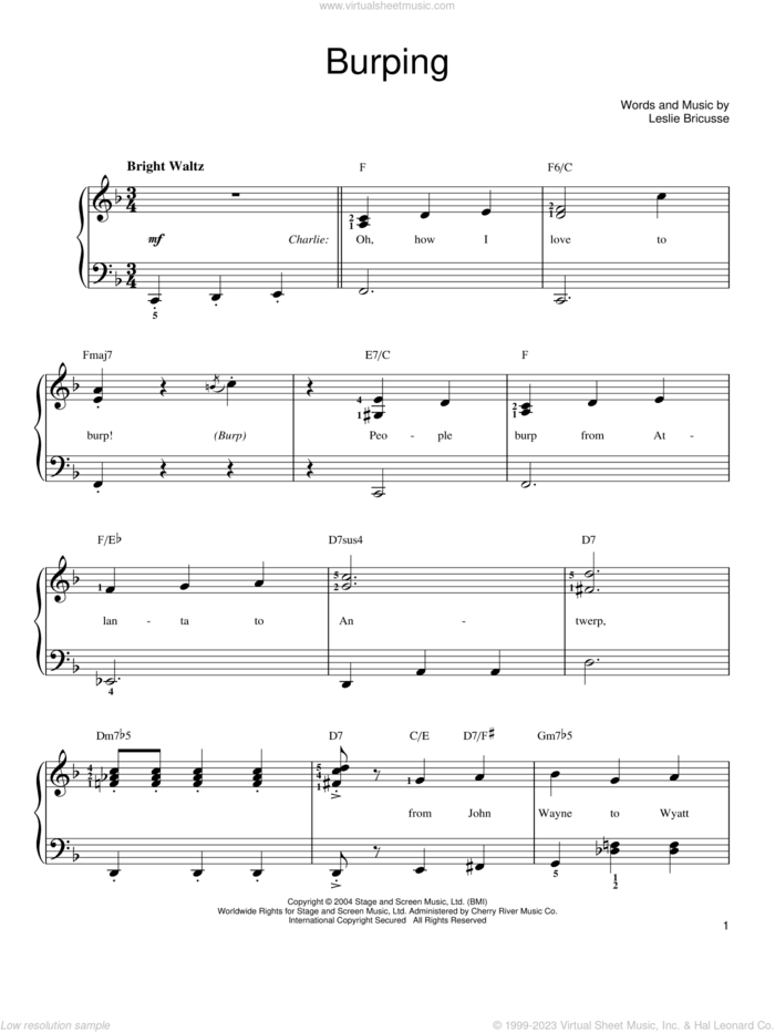 Burping sheet music for piano solo by Willy Wonka and Leslie Bricusse, easy skill level