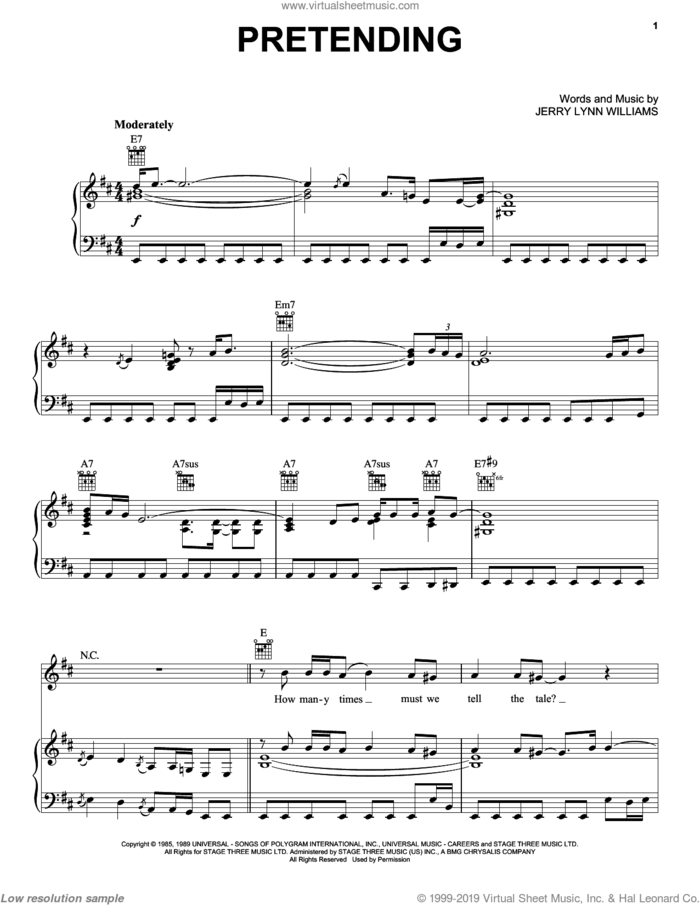 Pretending sheet music for voice, piano or guitar by Eric Clapton and Jerry Lynn Williams, intermediate skill level