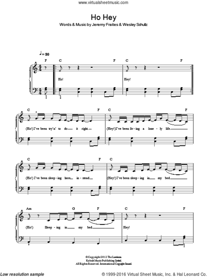 Ho Hey sheet music for piano solo by The Lumineers, Jeremy Fraites and Wesley Schultz, easy skill level
