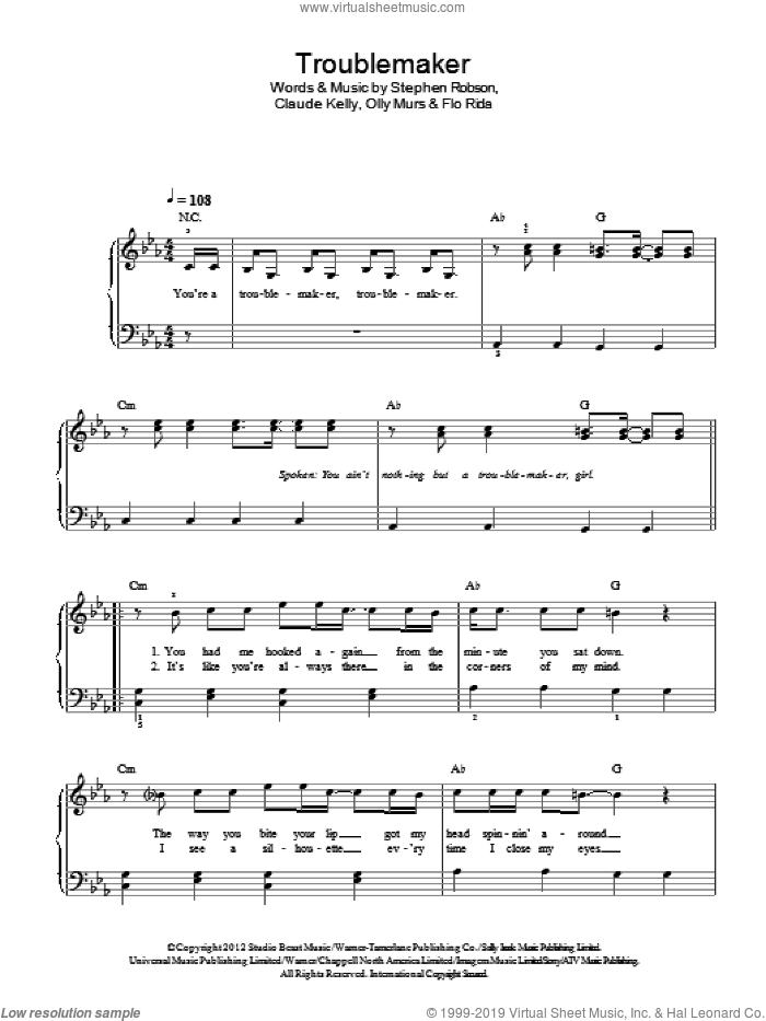 Troublemaker sheet music for piano solo by Olly Murs, Claude Kelly, Flo Rida and Steve Robson, easy skill level