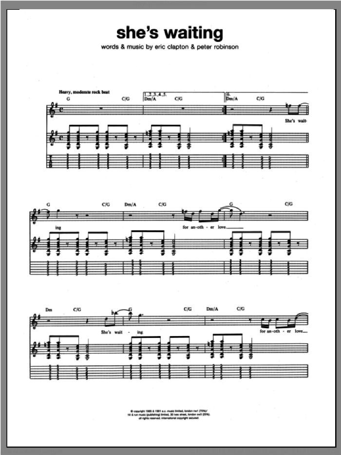She's Waiting sheet music for guitar (tablature) by Eric Clapton and Peter Robinson, intermediate skill level