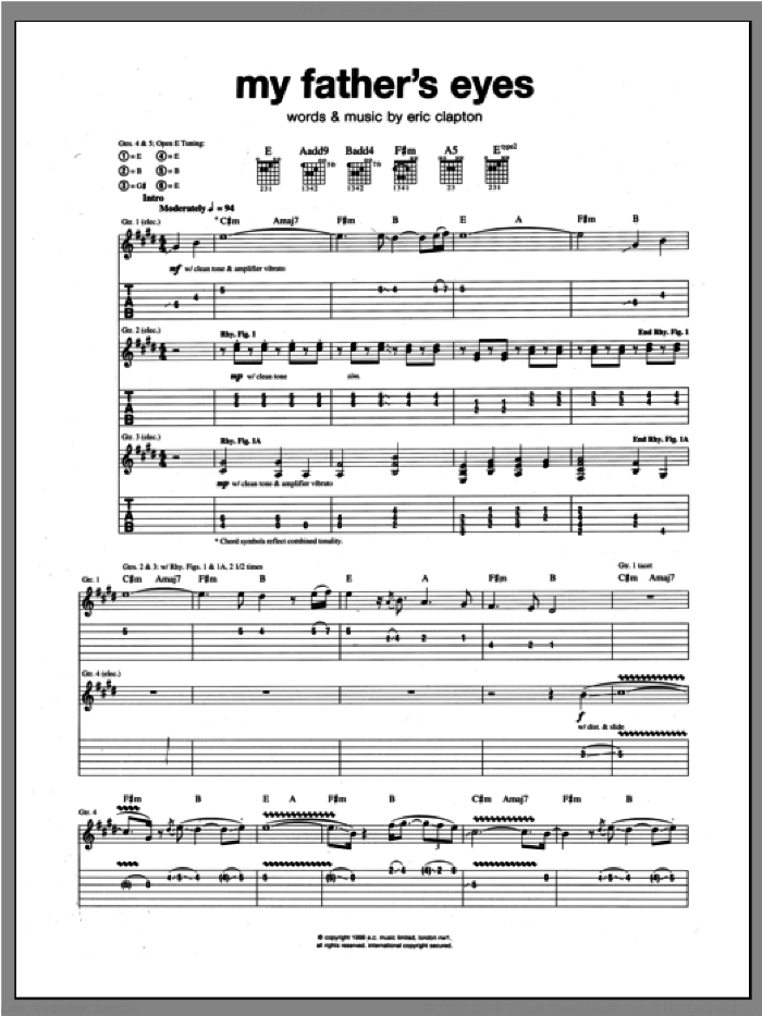 My Father's Eyes sheet music for guitar (tablature) by Eric Clapton, intermediate skill level