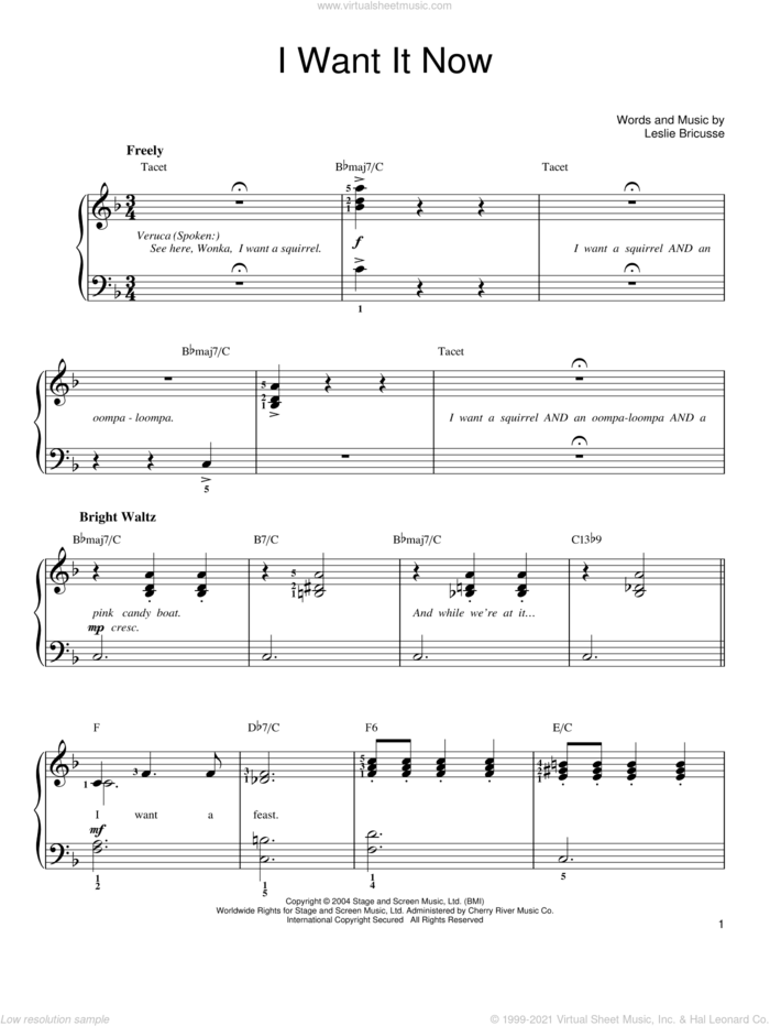 I Want It Now sheet music for piano solo by Willy Wonka and Leslie Bricusse, easy skill level